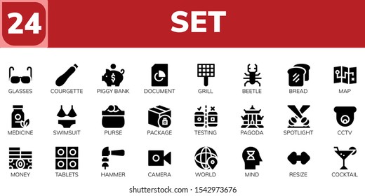 Modern Simple Set of set Vector filled Icons. Contains such as Glasses, Courgette, Piggy bank, Document, Grill, Beetle, Bread and more Fully Editable and Pixel Perfect icons.