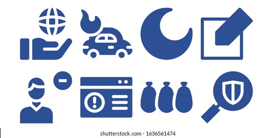 Modern Simple Set of simple Vector filled Icons. Contains such as Remove user, Globe, Browser, Car, Balloons, Night, Search, Edit and more Fully Editable and Pixel Perfect icons.