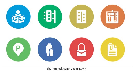 Modern Simple Set of simple Vector filled Icons. Contains such as Read, Parking, Traffic lights, Cactus, Pills, Bag, Machine, Paperclip and more Fully Editable and Pixel Perfect icons.
