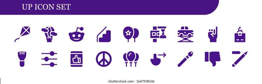 Modern Simple Set of up Vector filled Icons. Contains such as Kite, Hot air balloon, Reddit, Stairs, Balloons, Crane, Elevator and more Fully Editable and Pixel Perfect icons.