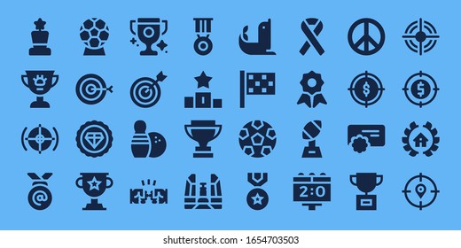 Modern Simple Set of victory Vector filled Icons. Contains such as Award, Target, Medal, Premium, Trophy, Bowling, Fist, Podium and more Fully Editable and Pixel Perfect icons.