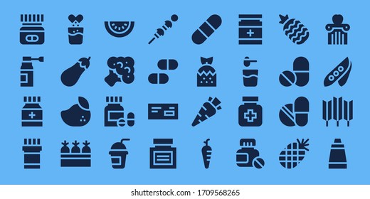 Modern Simple Set of vitamin Vector filled Icons. Contains such as Medicine, Effervescent, Eggplant, Mango, Carrots, Watermelon and more Fully Editable and Pixel Perfect icons.