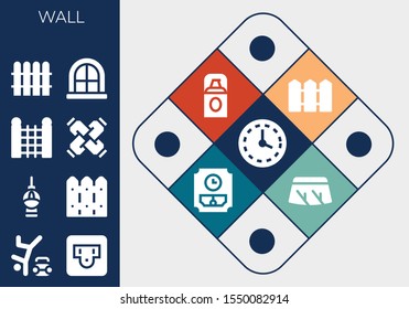 Modern Simple Set of wall Vector filled Icons. Contains such as Wall clock, Hip hop, Socket, berlin, Fence, United and more Fully Editable and Pixel Perfect icons.