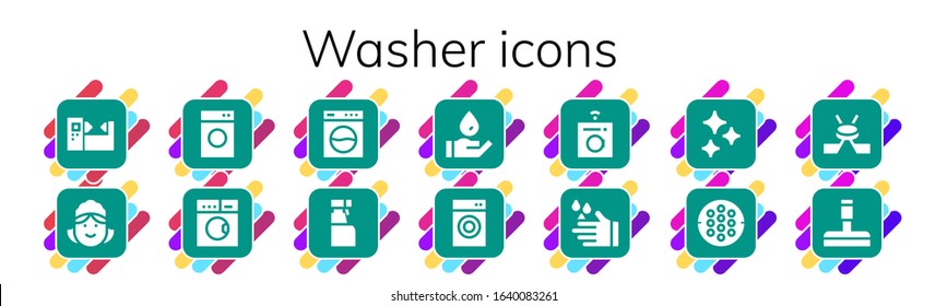 Modern Simple Set of washer Vector filled Icons. Contains such as Machine, Maid, Washing machine, Laundry, Cleaning spray, Wash and more Fully Editable and Pixel Perfect icons.