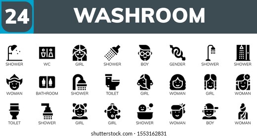 Modern Simple Set of washroom Vector filled Icons. Contains such as Shower, Wc, Girl, Boy, Gender, Woman, Bathroom, Toilet and more Fully Editable and Pixel Perfect icons.
