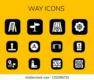 Modern Simple Set of way Vector filled Icons. Contains such as Ladder, Side up, Direction, Signpost, Navigation, Split point, Road and more Fully Editable and Pixel Perfect icons.