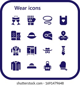 Modern Simple Set of wear Vector filled Icons. Contains such as Glasses, Glove, Tie, Bib, Fabric, Hat, Helmet, Virtual reality and more Fully Editable and Pixel Perfect icons.