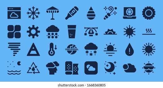 Modern Simple Set of weather Vector filled Icons. Contains such as Cloud, Mozy, Tornado, Night, Snowflake, Sun, Air, Water, Umbrella and more Fully Editable and Pixel Perfect icons.