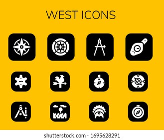 Modern Simple Set of west Vector filled Icons. Contains such as Windrose, Sheriff, Compass, Wind rose, Vane, Prairie, Headdress and more Fully Editable and Pixel Perfect icons.
