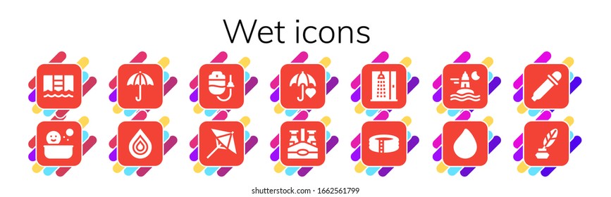 Modern Simple Set of wet Vector filled Icons. Contains such as Pool, Shower, Umbrella, Drop, Dropper, Beer bottle, Ocean, Paint drop and more Fully Editable and Pixel Perfect icons.