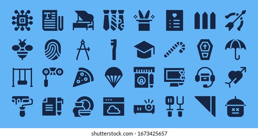 Modern Simple Set of white Vector filled Icons. Contains such as Chip, Bee, Swing, Roller, Text, Fingerprint, Binoculars, Contract and more Fully Editable and Pixel Perfect icons.