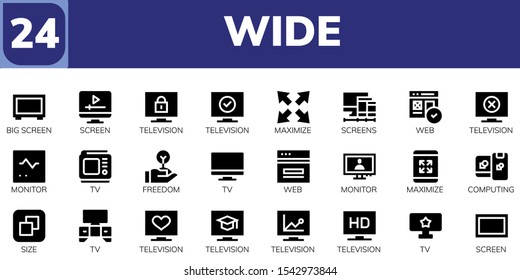 Modern Simple Set of wide Vector filled Icons. Contains such as Big screen, Screen, Television, Maximize, Screens, Web, Monitor and more Fully Editable and Pixel Perfect icons.