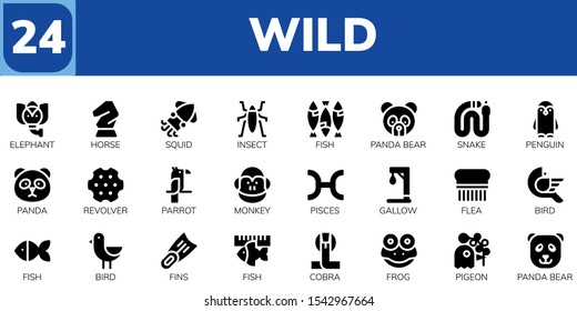 Modern Simple Set of wild Vector filled Icons. Contains such as Elephant, Horse, Squid, Insect, Fish, Panda bear, Snake, Penguin and more Fully Editable and Pixel Perfect icons.