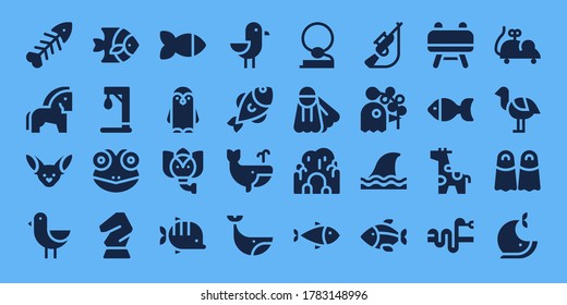 Modern Simple Set of wild Vector filled Icons. Contains such as Fishbone, Horse, Fennec, Bird, Fish, Gallow, Frog, Penguin, Elephant and more Fully Editable and Pixel Perfect icons.