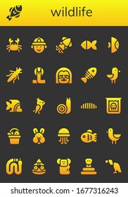 Modern Simple Set of wildlife Vector filled Icons. Contains such as Crab, Fish, Hunter, Squid, Grasshopper, Cobra, Sloth, Seagull and more Fully Editable and Pixel Perfect icons.