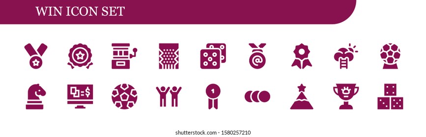 Modern Simple Set of win Vector filled Icons. Contains such as Medal, Slot machine, Dice, Quality, Success, Award, Chess, Gambling and more Fully Editable and Pixel Perfect icons.