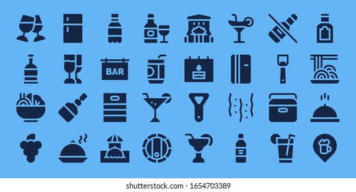 Modern Simple Set of wine Vector filled Icons. Contains such as Toast, Rum, Salad, Grapes, Fridge, Champagne, Fermentation, Salver and more Fully Editable and Pixel Perfect icons.