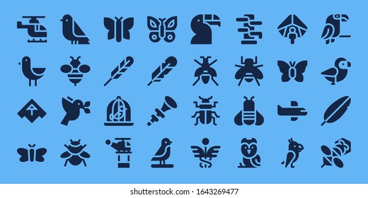 Modern Simple Set of wing Vector filled Icons. Contains such as Helicopter, Bird, Airplane, Moth, Bee, Dove, Bumblebee, Butterfly and more Fully Editable and Pixel Perfect icons.