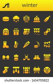 Modern Simple Set of winter Vector filled Icons. Contains such as Puck, Toboggan, Snow, Jacket, Baby hat, Thermometer, Penguin and more Fully Editable and Pixel Perfect icons.