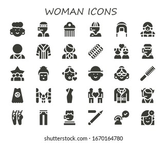 Modern Simple Set of woman Vector filled Icons. Contains such as Avatar, Call center, Comb, Coif, Waitress, Psychologist, Uniform and more Fully Editable and Pixel Perfect icons.