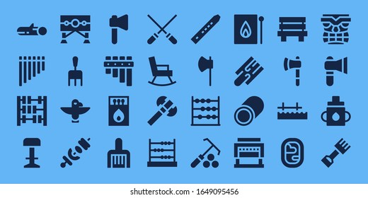 Modern Simple Set of wooden Vector filled Icons. Contains such as Wood, Flute, Abacus, Stool, Guillotine, Rake, Totem, Skewer and more Fully Editable and Pixel Perfect icons.