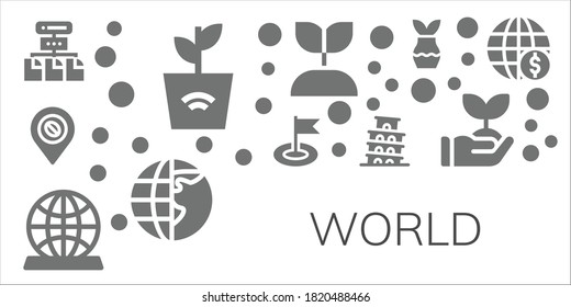 Modern Simple Set of world Vector filled Icons. Contains such as Network, Plant, Map, Flag, Globe, Pisa, Growing plant, Earth globe and more Fully Editable and Pixel Perfect icons.