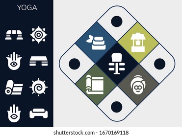 Modern Simple Set of yoga Vector filled Icons. Contains such as Exercise, Hamsa, Gym, Yoga, Chakra, Fitness step, Push up, Well and more Fully Editable and Pixel Perfect icons.