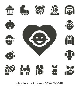 Modern Simple Set of young Vector filled Icons. Contains such as Swing, Baby, Boy, Girl, Wig, Gym station, Plant, Roller skate and more Fully Editable and Pixel Perfect icons.