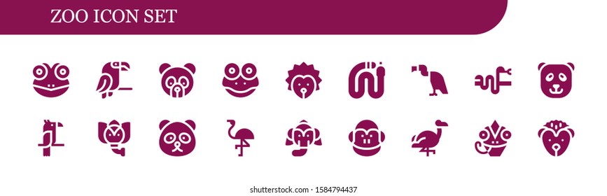 Modern Simple Set of zoo Vector filled Icons. Contains such as Frog, Parrot, Panda bear, Hedgehog, Snake, Vulture, Elephant, Flamingo and more Fully Editable and Pixel Perfect icons.