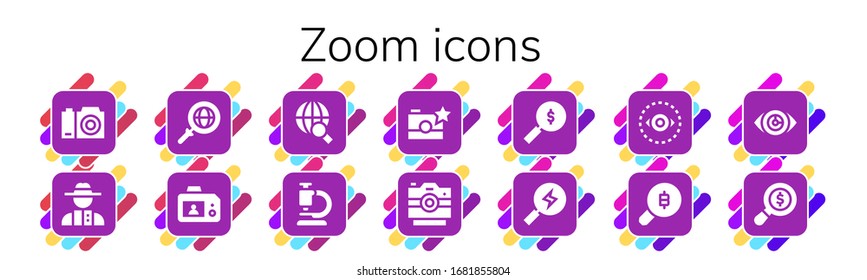 Modern Simple Set of zoom Vector filled Icons. Contains such as Camera, Detective, Search, Microscope, Photo camera, Vision and more Fully Editable and Pixel Perfect icons.