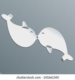 Modern simple sticker of two kissing fishes made of paper. Easy editable layered vector illustration.