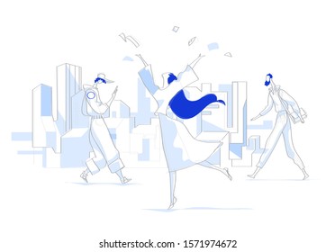 Modern simple style illustration of a happy dancing girl in the city - Vector
