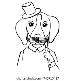modern simple stylish drawing by hand portrait of dog, dog male gentleman with mustache and hat, outline black and white
