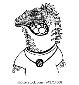 modern simple stylish drawing by hand portrait of reptile, lizard man, outline black and white