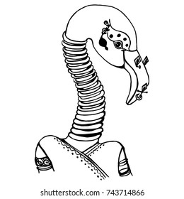 modern simple stylish drawing by hand portrait of a bird, flamingos with rings, outline black and white