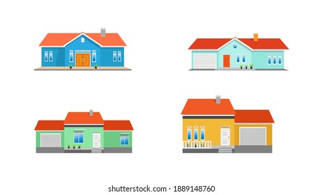 Modern simple suburban house exterior set in flat style design, set of colorful house exterior, vector illustration isolated on white. 