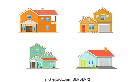 Modern simple suburban house exterior set in flat style design, set of colorful house exterior, vector illustration isolated on white. 