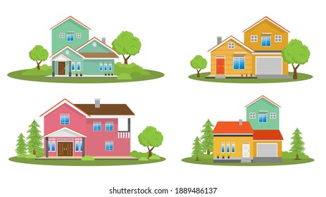 Modern simple suburban house exterior set in flat style design, set of colorful house exterior with trees decoration, vector illustration isolated on white. 