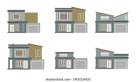 Modern simple suburban house exterior set in flat style design, set of modern house exterior with trees decoration, vector illustration isolated on white. 