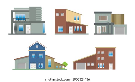 Modern simple suburban house exterior set in flat style design, set of modern house exterior with trees decoration, vector illustration isolated on white. 