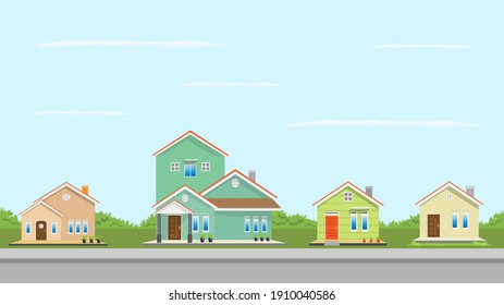 Modern simple suburban house exterior set in flat style design, set of colorful house exterior with trees decoration, vector illustration.