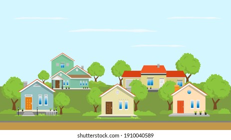 Modern simple suburban house exterior set in flat style design, set of colorful house exterior with trees decoration, vector illustration.