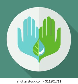Modern simple Symmetrical flat design conceptual illustration natural logo two hands holding a half waterdrop and a half leaf symbol