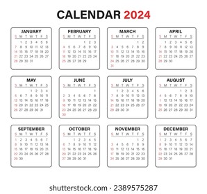 Modern and Simple Vector 2024 Calendar. Minimal 2024 Calendar Template. Week starts Sunday corporate design planner template.
