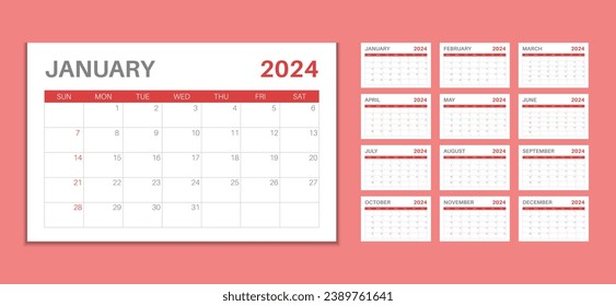 Modern and Simple Vector 2024 Calendar. Minimal 2024 Calendar Template. Wall quarterly calendar template for 2024. Week starts Sunday corporate design planner template.