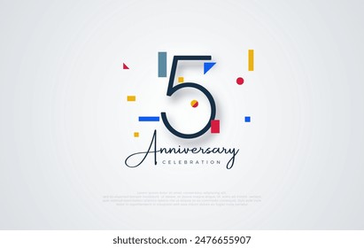 Diseño moderno del 5to aniversario del Vector simple. El diseño colorido hace que el diseño se vea feliz. Diseño de Premium para saludos, carteles, Anuncios y publicaciones en redes sociales.