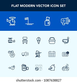 Modern, simple vector icon set with pump, loudspeaker, water, food, park, purse, comfortable, business, wallet, communication, baja, dessert, dollar, bottle, megaphone, home, transportation, ice icons