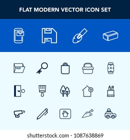 Modern, simple vector icon set with time, environment, gift, construction, clock, file, grass, present, bag, nature, mail, white, folder, food, forest, shovel, computer, material, paint, phone icons