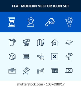 Modern, simple vector icon set with summer, sand, architecture, drink, retro, vintage, construction, orbit, estate, map, glass, axe, hourglass, gramophone, screwdriver, package, cocktail, tool icons