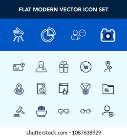 Modern, simple vector icon set with location, photography, cooking, zoom, route, uniform, retail, box, center, account, camera, currency, user, mouse, point, meat, tool, cycle, photographer, map icons